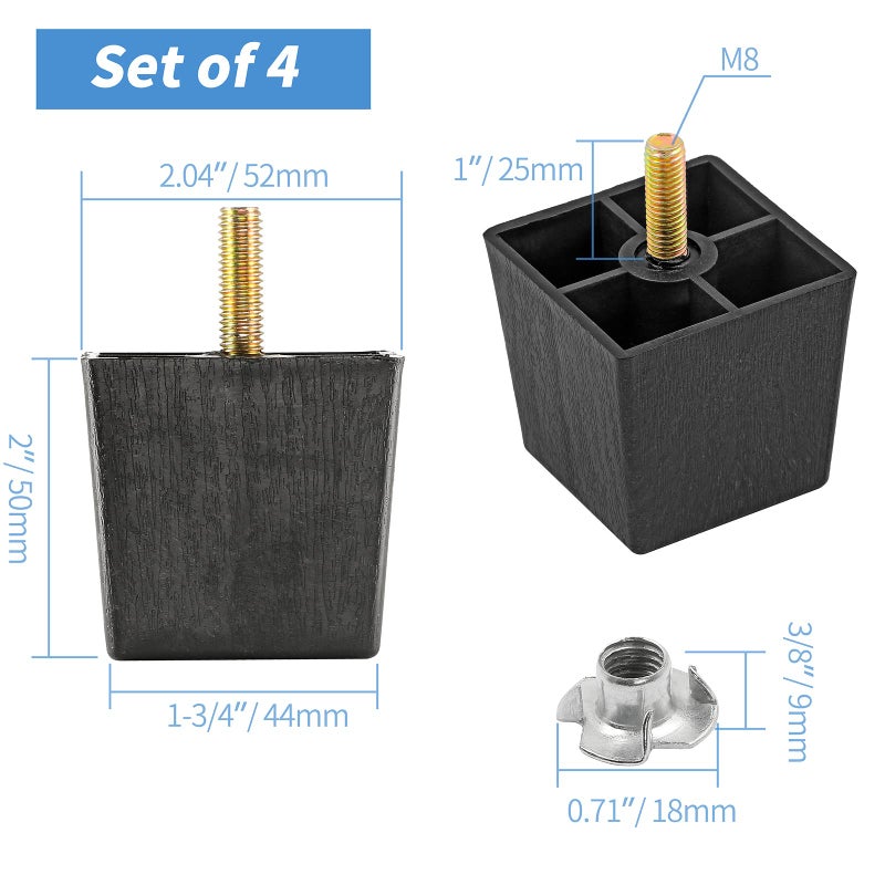 Masendelk 2 inch Plastic Furniture Legs, Square Couch legs Black Sofa Legs set of 4, Mid Century Furniture feet M8 Replacement Legs for Armchair Bed Couch Cabinet Desk Table Sofa - Image 4